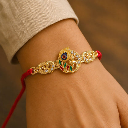 Krishna Flute Rakhi Golden Enamel Red Thread for Raksha Bandhan (5pcs)