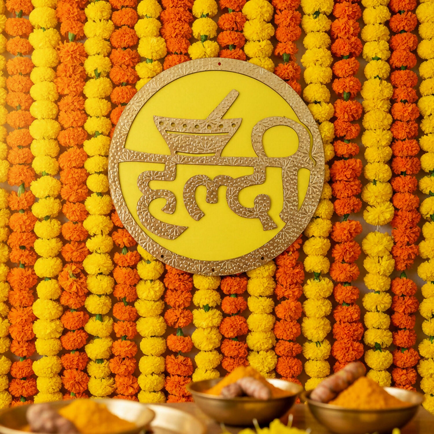 Haldi Ceremony Wall Hanging | Bright Yellow & Red Traditional Wedding Decor