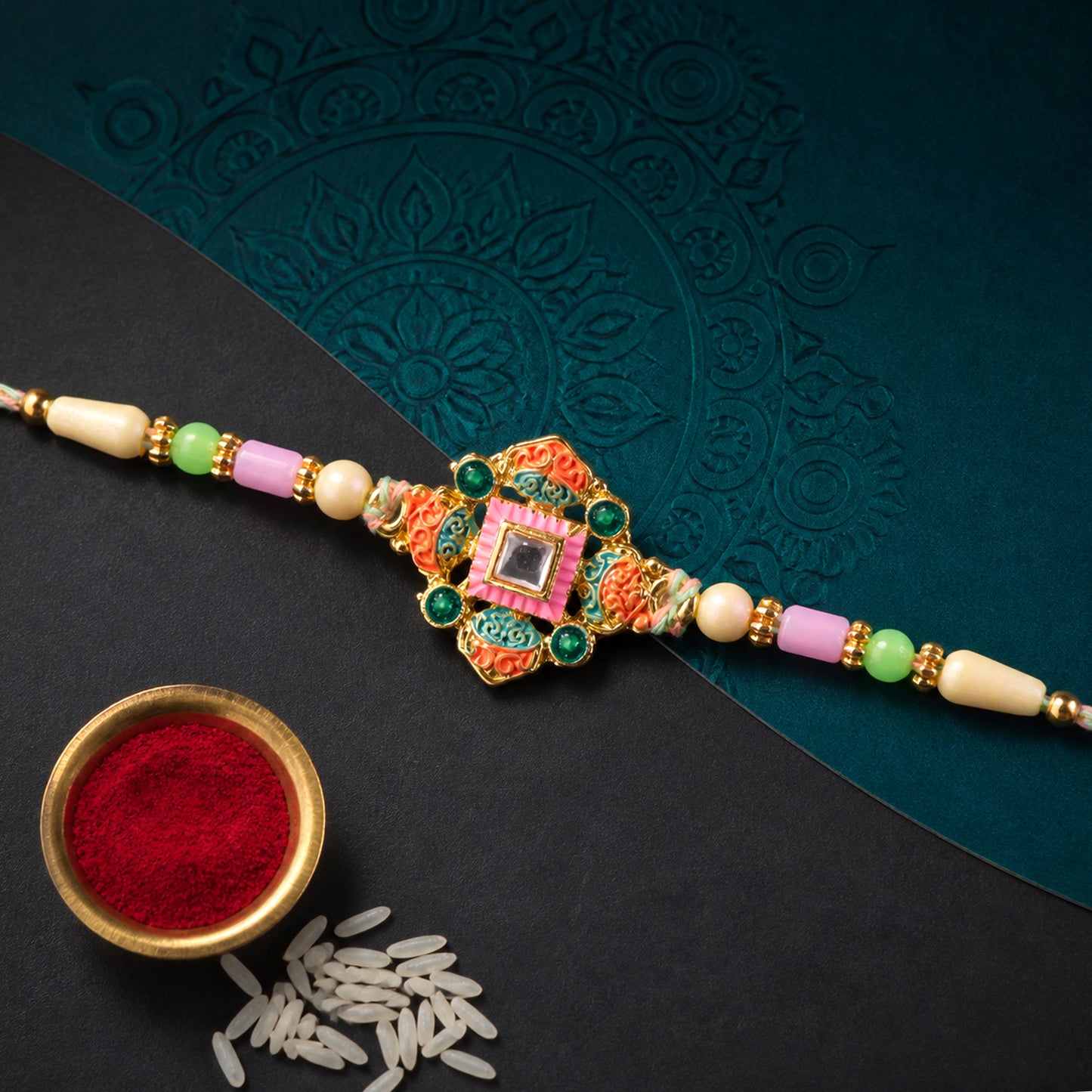 Graceful Rakhi with Square Floral Medallion and bead line in chain look for Gift Use