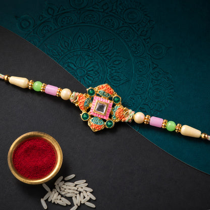 Graceful Rakhi with Square Floral Medallion and bead line in chain look for Gift Use