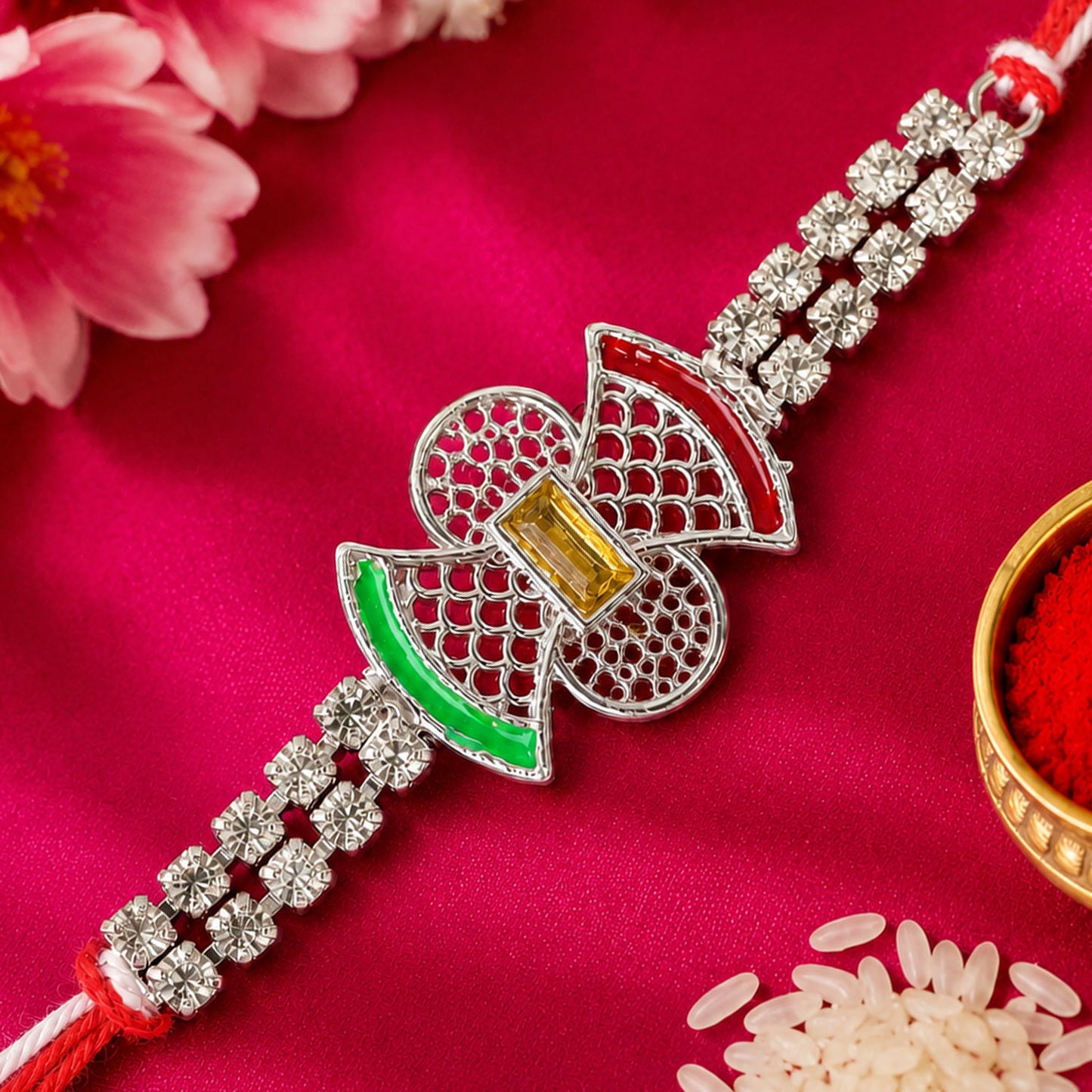 Elegant Rakhi with Butterfly Charm, color stones and wrist style for Festive Display