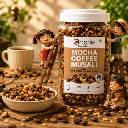 Close-up of the toasted wholegrain oats and flakes in Oracle Mocha Coffee Muesli.