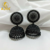 Black Oxidized Round Jhumka Earrings with Intricate Dome & Beaded Drops