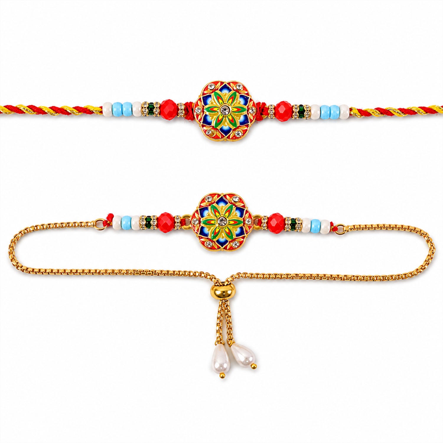 Round Meenakari Mosaic Bhai Bhabhi Lumba Rakhi with Pearl Drops