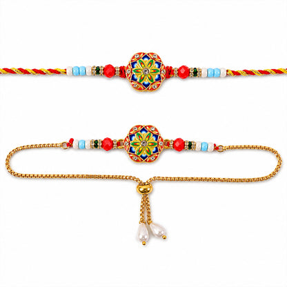 Round Meenakari Mosaic Bhai Bhabhi Lumba Rakhi with Pearl Drops