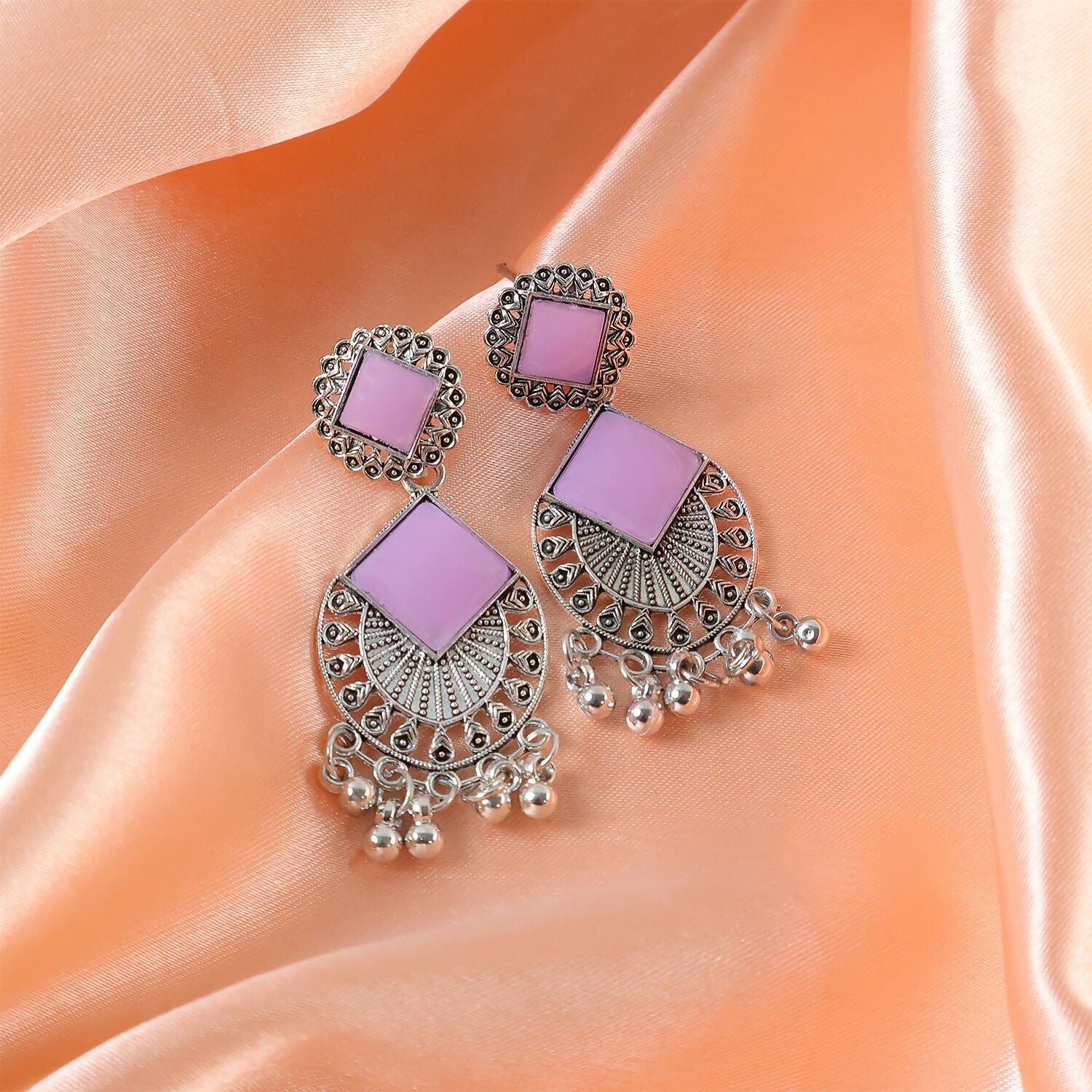 Traditional Indian Oxidized Silver Plated Dangle Earrings with Square Lavender