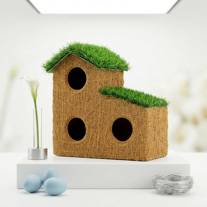 Front view EcoCoir 3-hole coconut coir bird house with grass roof