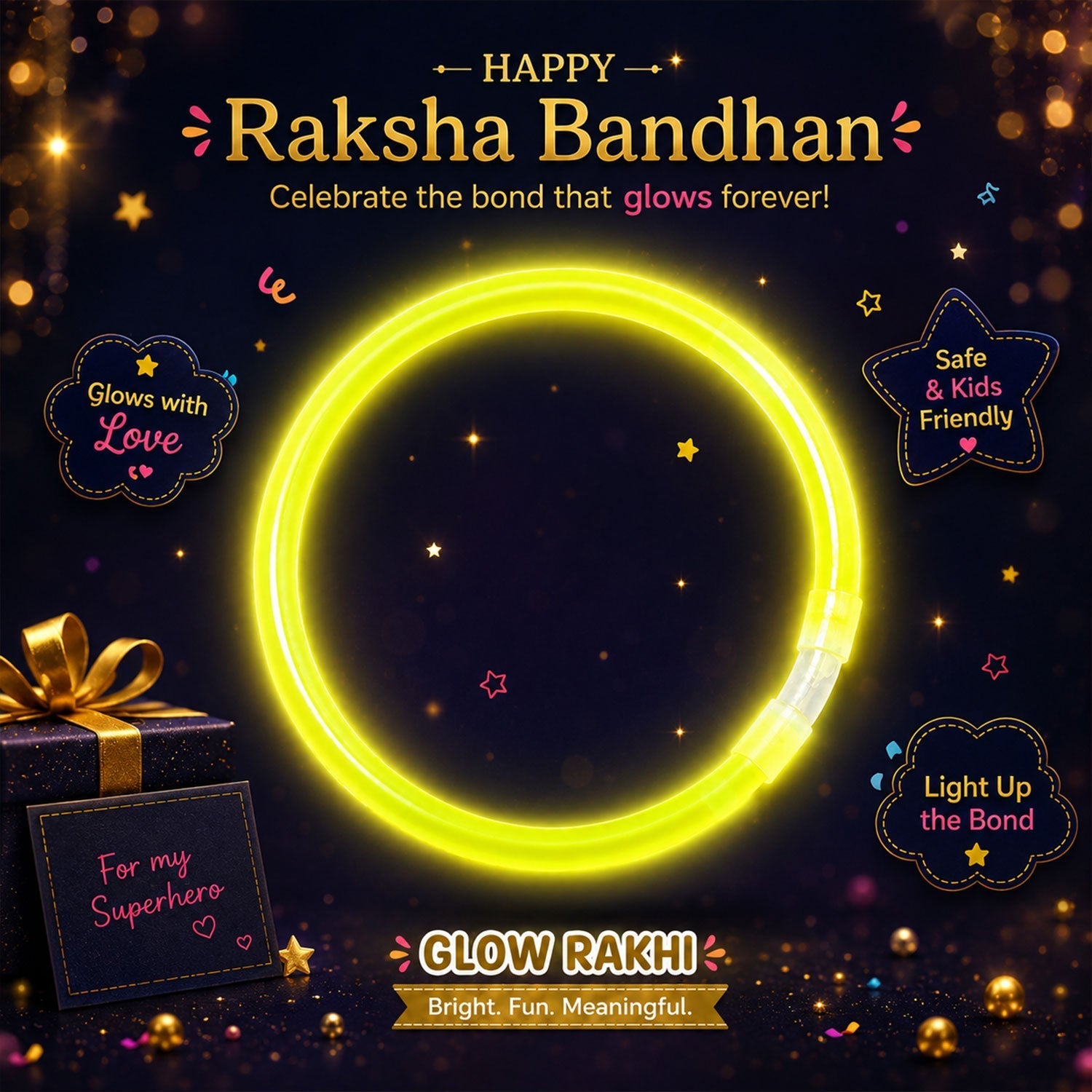 Yellow Neon Glow Band Rakhi with Choco Magic, Pack of 3