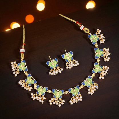 Vibrant Enamel Butterfly Choker Necklace Set with Pearl Drops