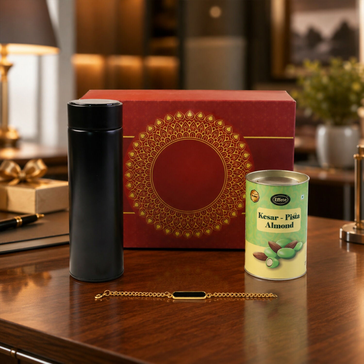 Gift set components arranged for celebration