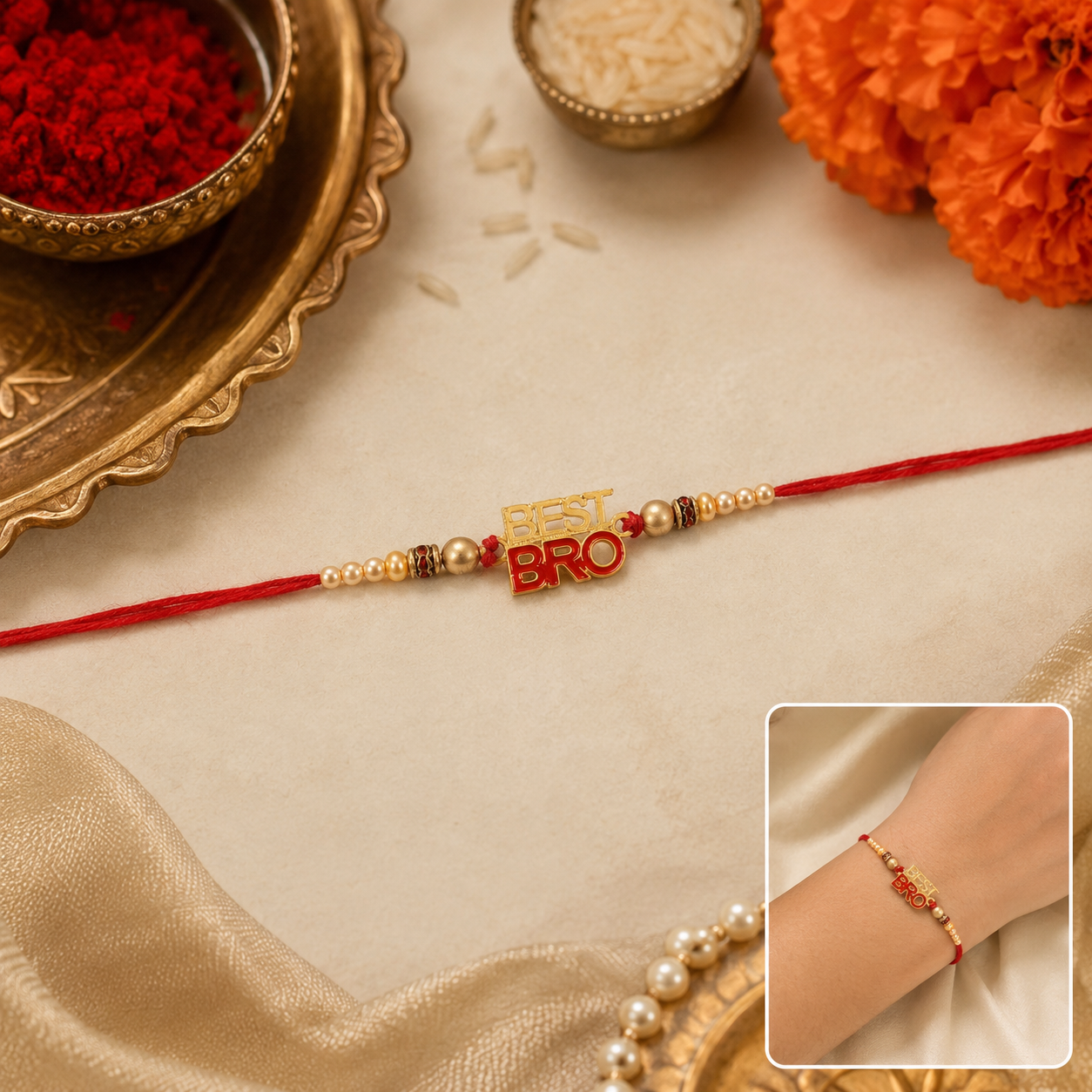 Best Bro Text Rakhi with Gold Letters and Neat Pearl Beads