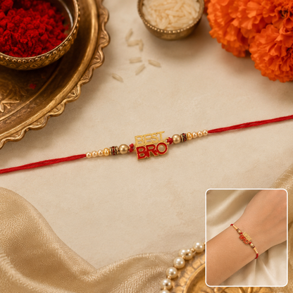 Best Bro Text Rakhi with Gold Letters and Neat Pearl Beads