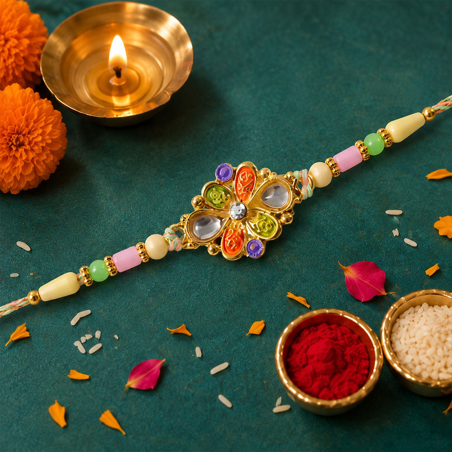 Orange and Green Enamel Flower Pendant Rakhi with Kundan Teardrop Stones