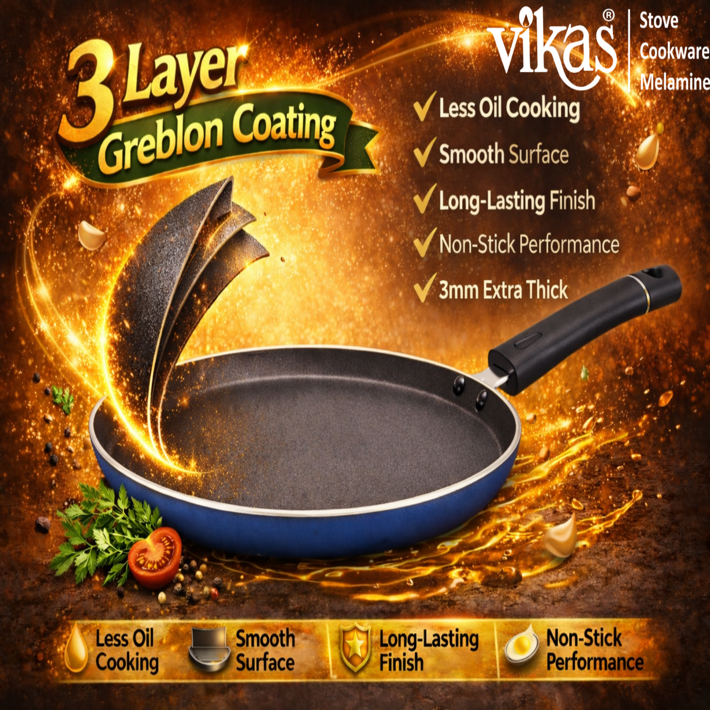 Vikas Non-Stick Dosa Tawa 3.0mm Thick Flat Pan with Bakelite Handle Smooth Cooking Tawa