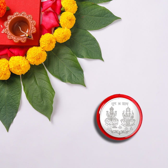 Silver Color Square With Green And Red Mina With Decorative Baby Buddha Gift ,Silver Color Pooja Coin, Roli Chawal & Greeting Card