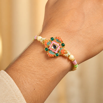 Graceful Rakhi with Square Floral Medallion and bead line in chain look for Gift Use