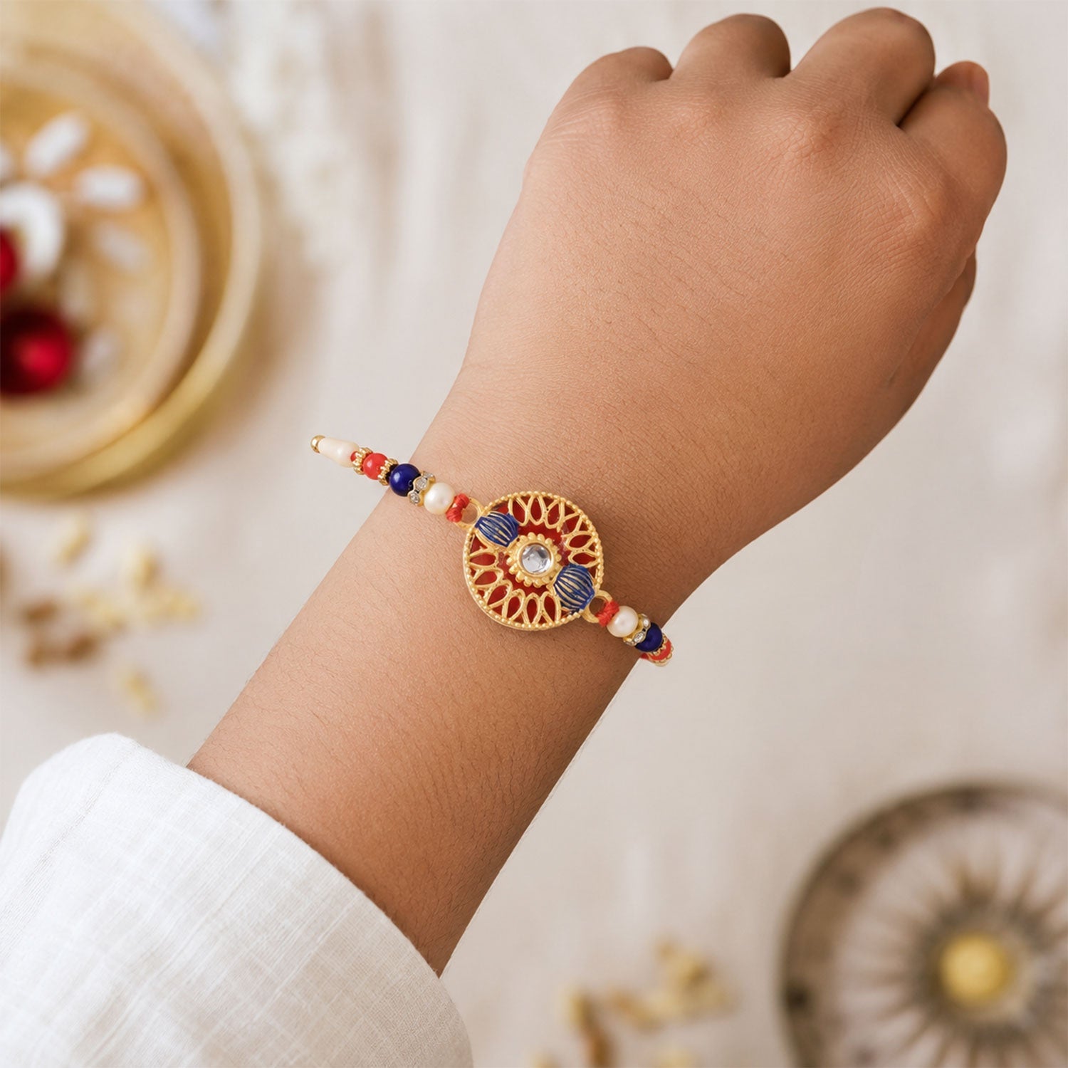 Golden Meenakari Kundan Rakhi for Brother Festive Design (5pcs)