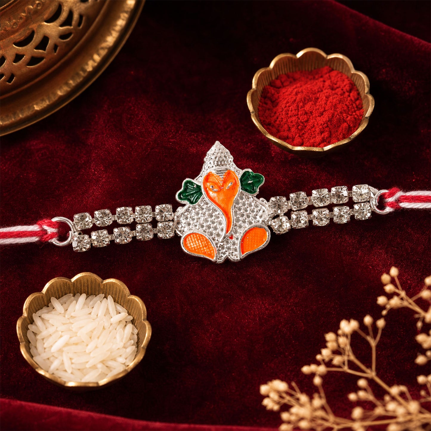 Silver-Toned Bal Ganesha Rakhi with Orange-Green Enamel, Double Crystal Chain & Red-White Thread