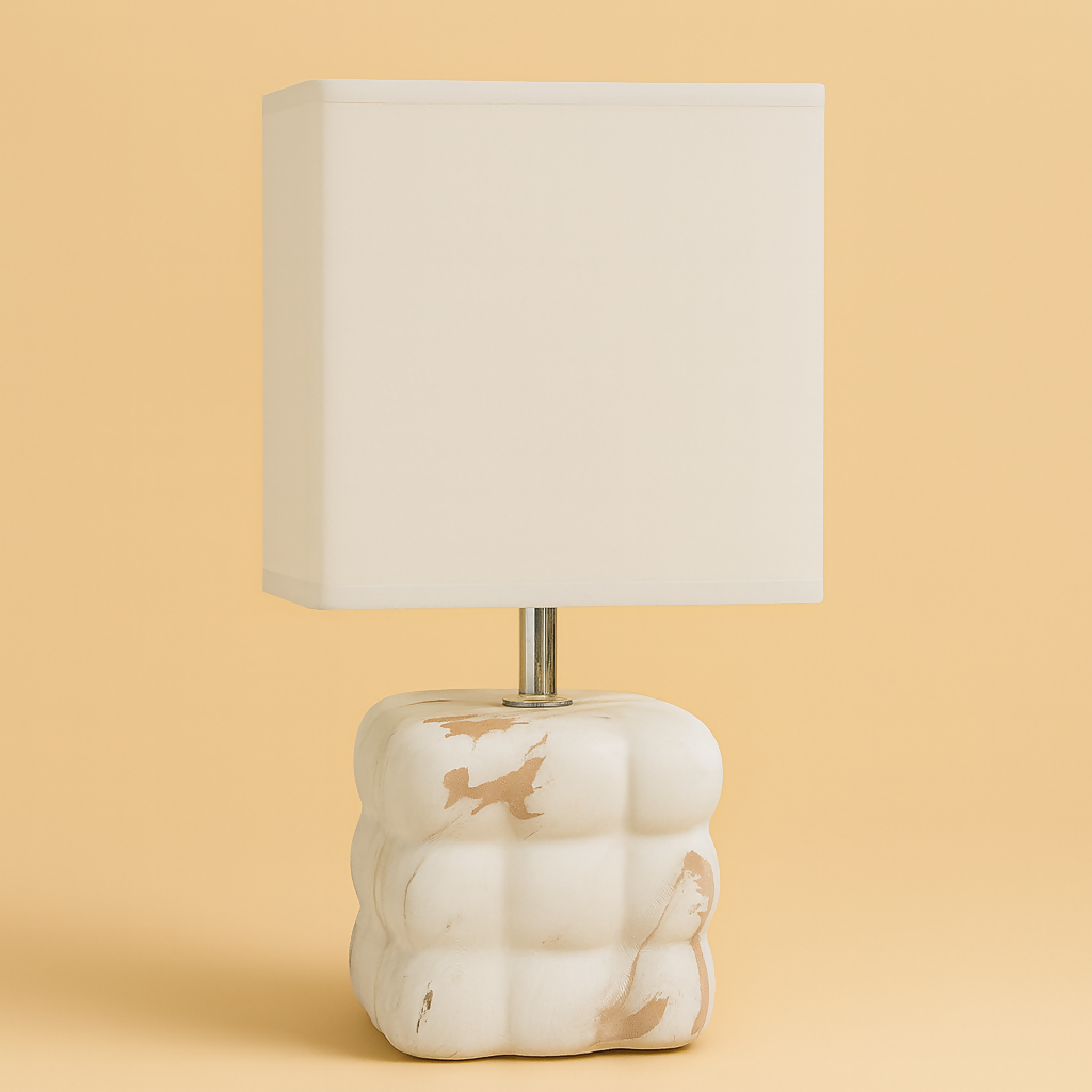 Luxury White Marble-Texture Ceramic Table Lamp with Square Fabric Shade | Artistic Bubble-Design Base Night Lamp for Bedroom, Living Room & Study | Warm Ambient Decorative Home Lighting
