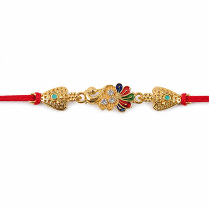 Gold-Toned Peacock Rakhi with Colorful Enamel and Stones for Raksha Bandhan (5pcs)