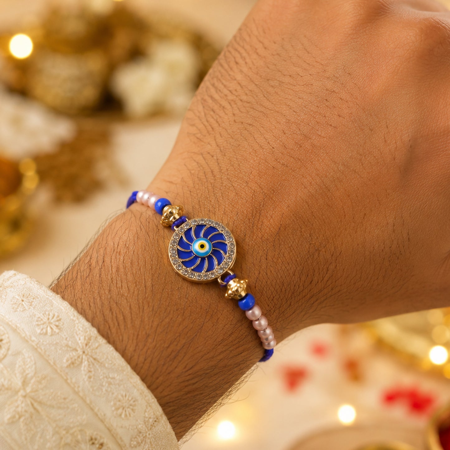 Swirl Enamel Nazar Evil Eye Studded Stylish Beads Designer Rakhi
