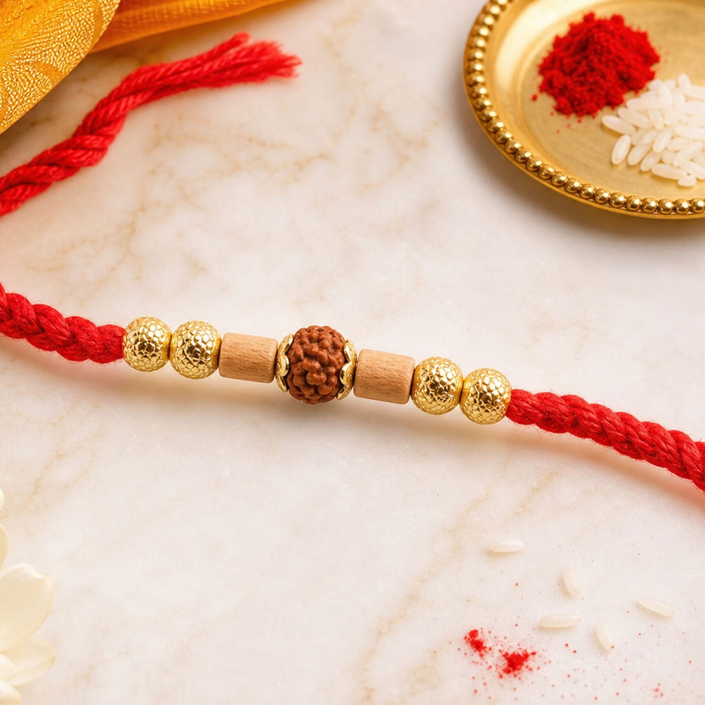 Red Cord Rakhi with Rudraksha and Natural Wooden Bead Accents