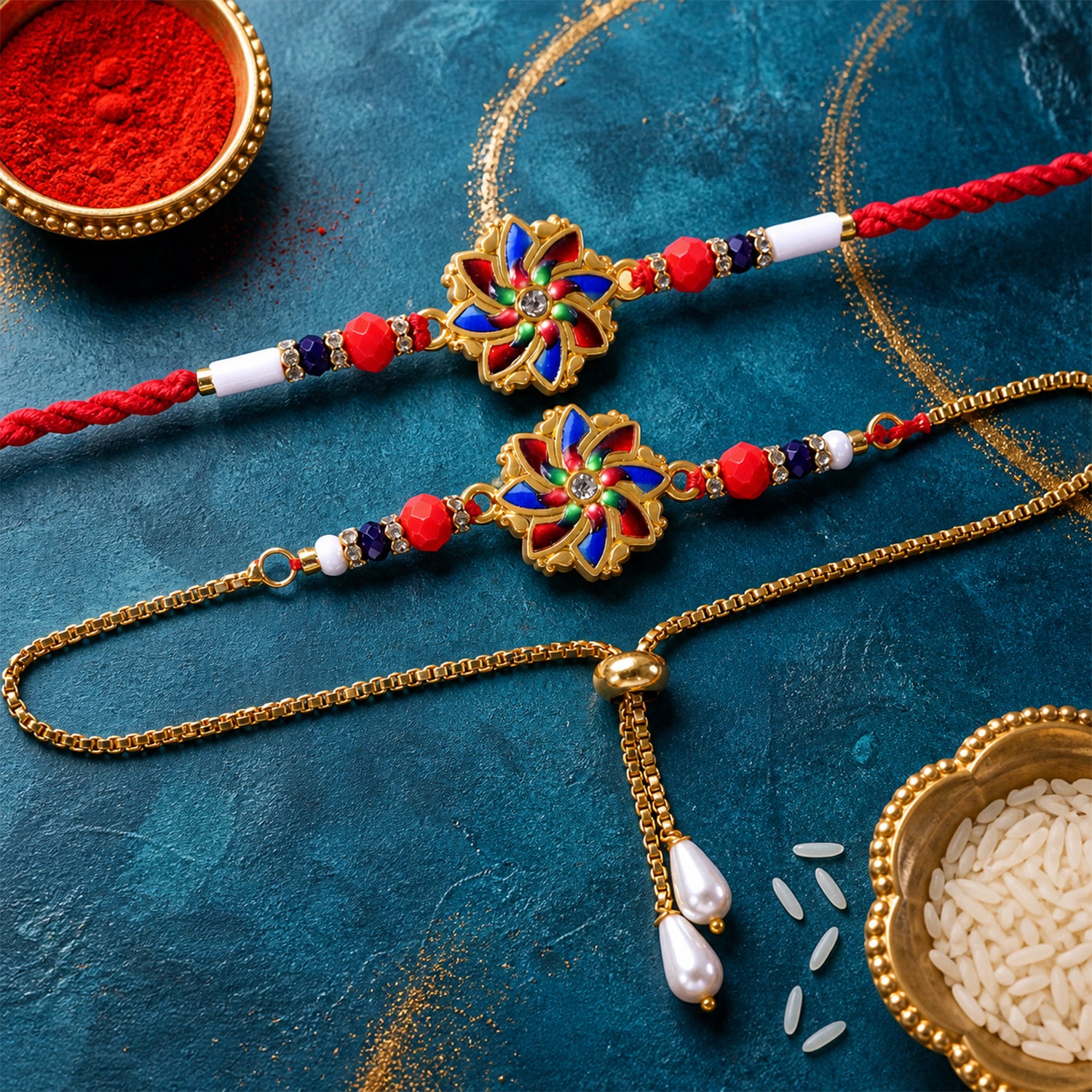 Pinwheel Floral Charm Bhai Bhabhi Lumba Rakhi with Pearl Drops