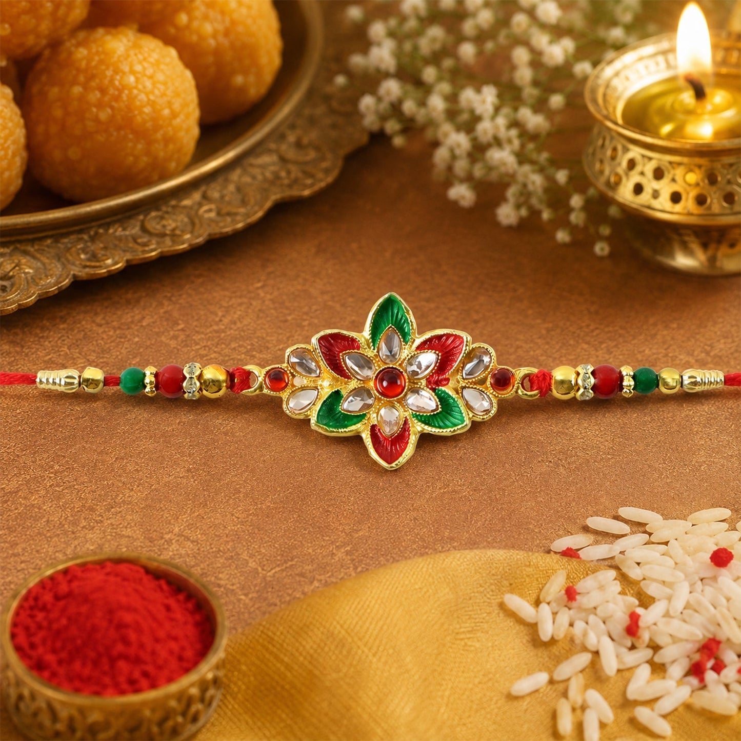 Floral Meena Stone Rakhi Design for Raksha Bandhan Celebration (10pcs)