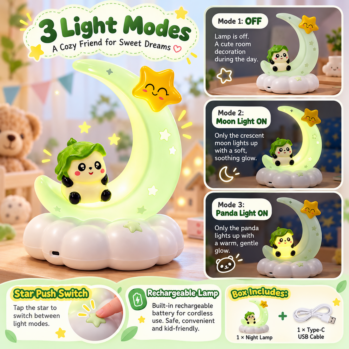 A green crescent moon night light with a character and star, showcasing three light modes and charging details.