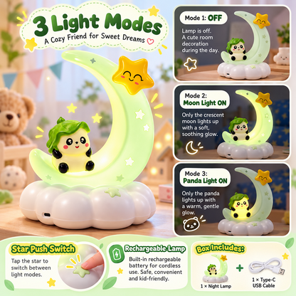A green crescent moon night light with a character and star, showcasing three light modes and charging details.
