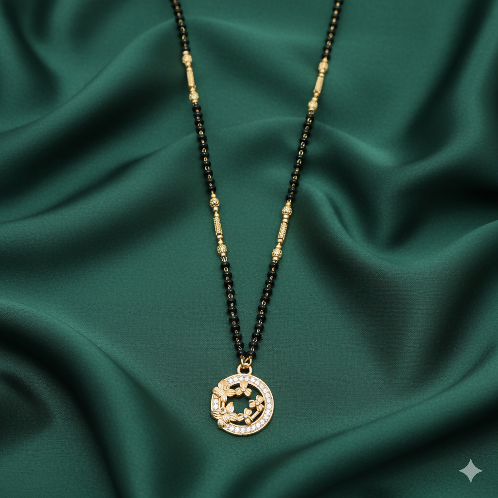 Gold-Plated AD Floral Circle Mangal sutra with Black Beads For women