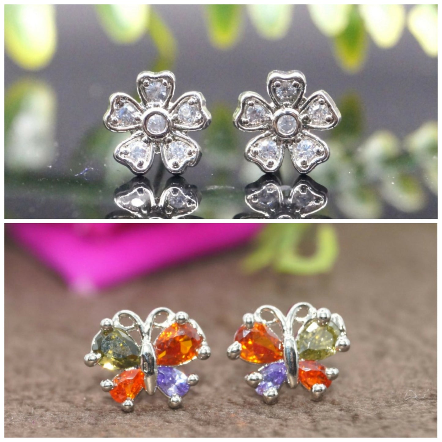 Set of dainty silver-tone flower and colorful butterfly stud earrings