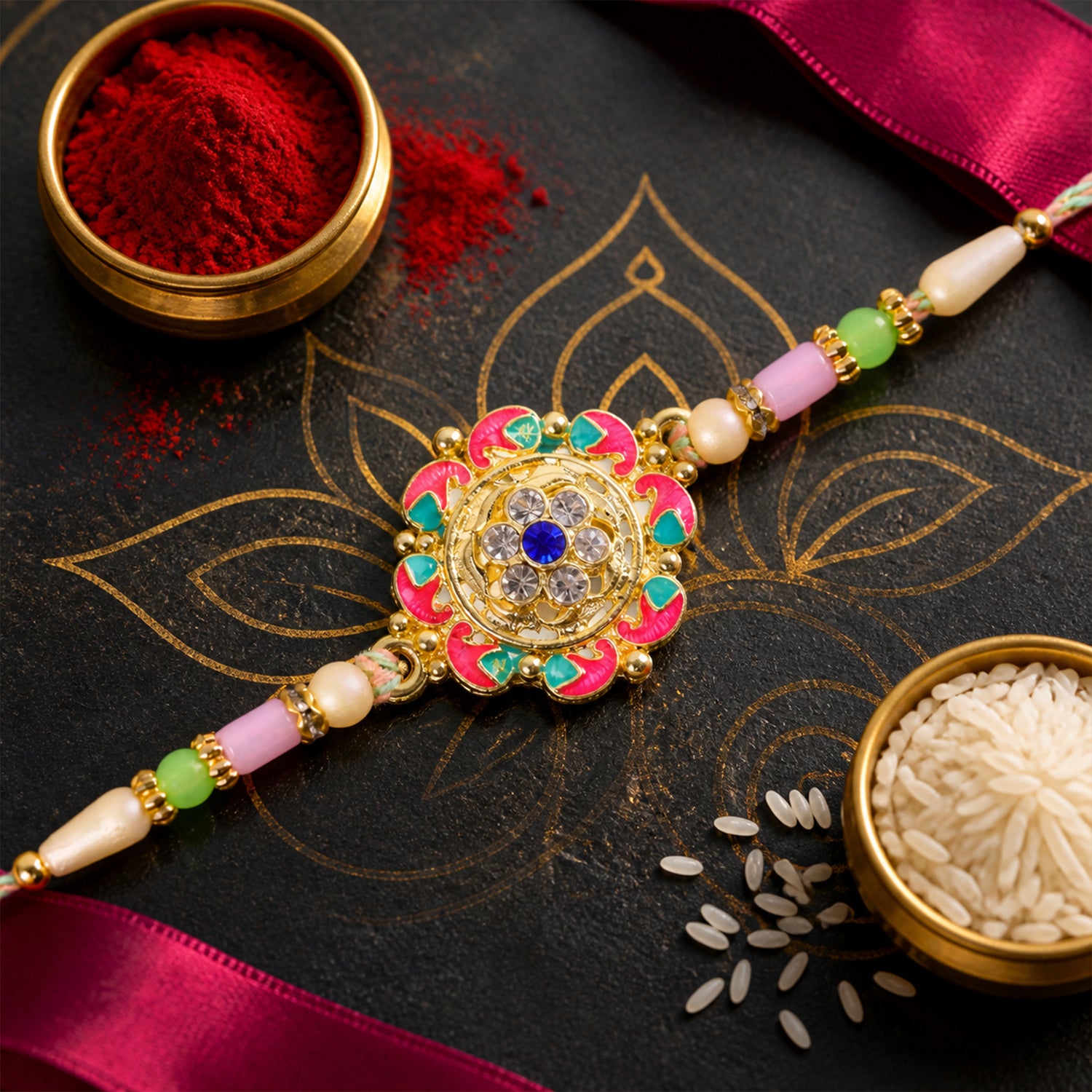 Paisley Petal Kundan Flower Pendant Rakhi with Pearl Beads