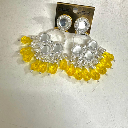 Kundan Yellow Pearl Silver Plated Chandbali Earrings Agate Alloy Chandbali Earring