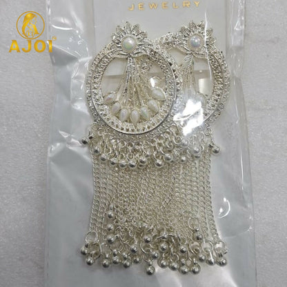 Premium Silver Floral Chain Tassel Earrings with Elegant Drop Design