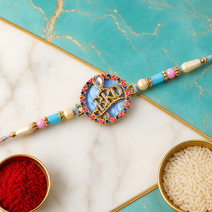 Bro Text Pendant Rakhi with Pink and Navy Kundan Stones