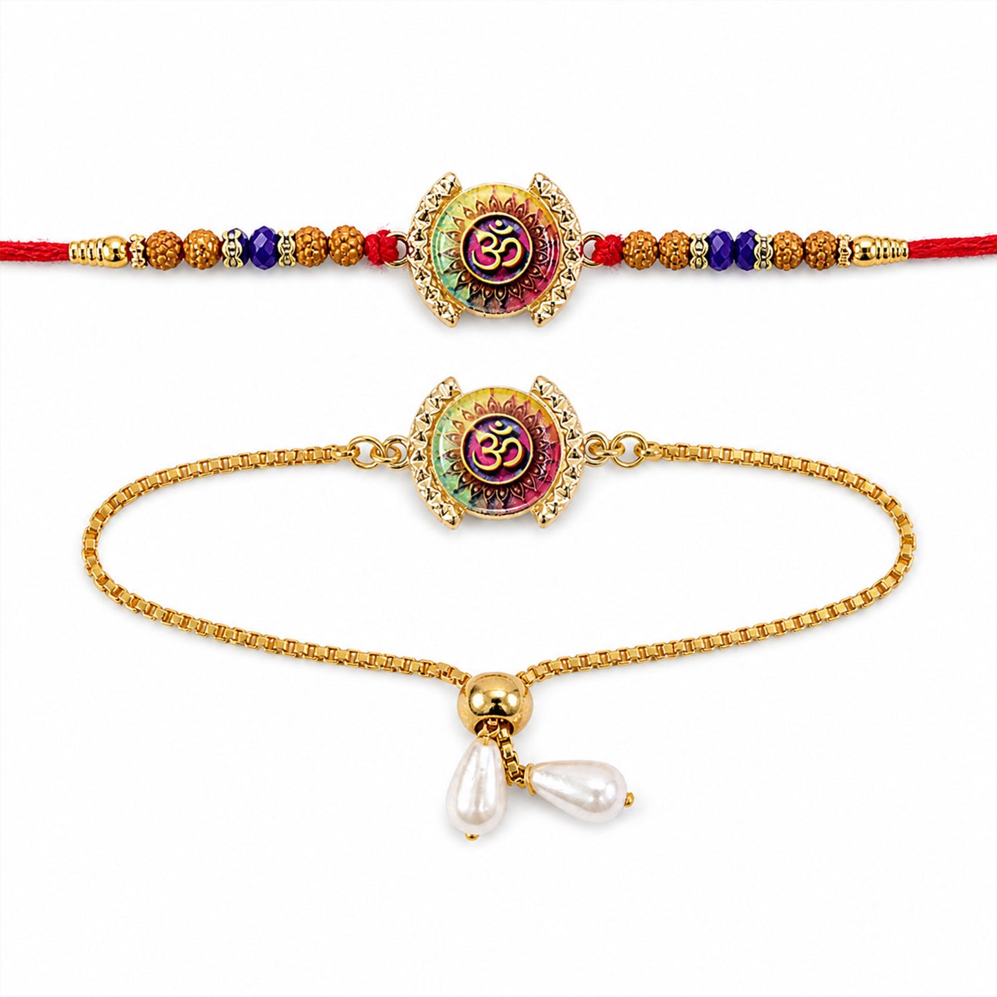 Om Mandala Motif Rudraksha Crystal Beads Bhai Bhabhi Rakhi Lumba Set