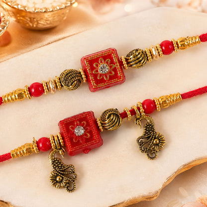 Classic Geometric Square Bhai Bhabhi Rakhi with Square Bead and Leaf Charm for Gift
