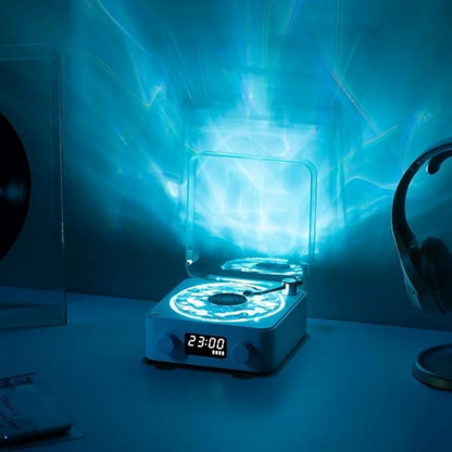 WAVES Ocean Vinyl Record Player Bluetooth Speaker with Night Light Projector, Alarm Clock & White Noise Machine – 4 Playback Modes (BT/TF/AUX/White Noise), Gradient & Solid Light Effects, Stepless Volume, Easy Connection