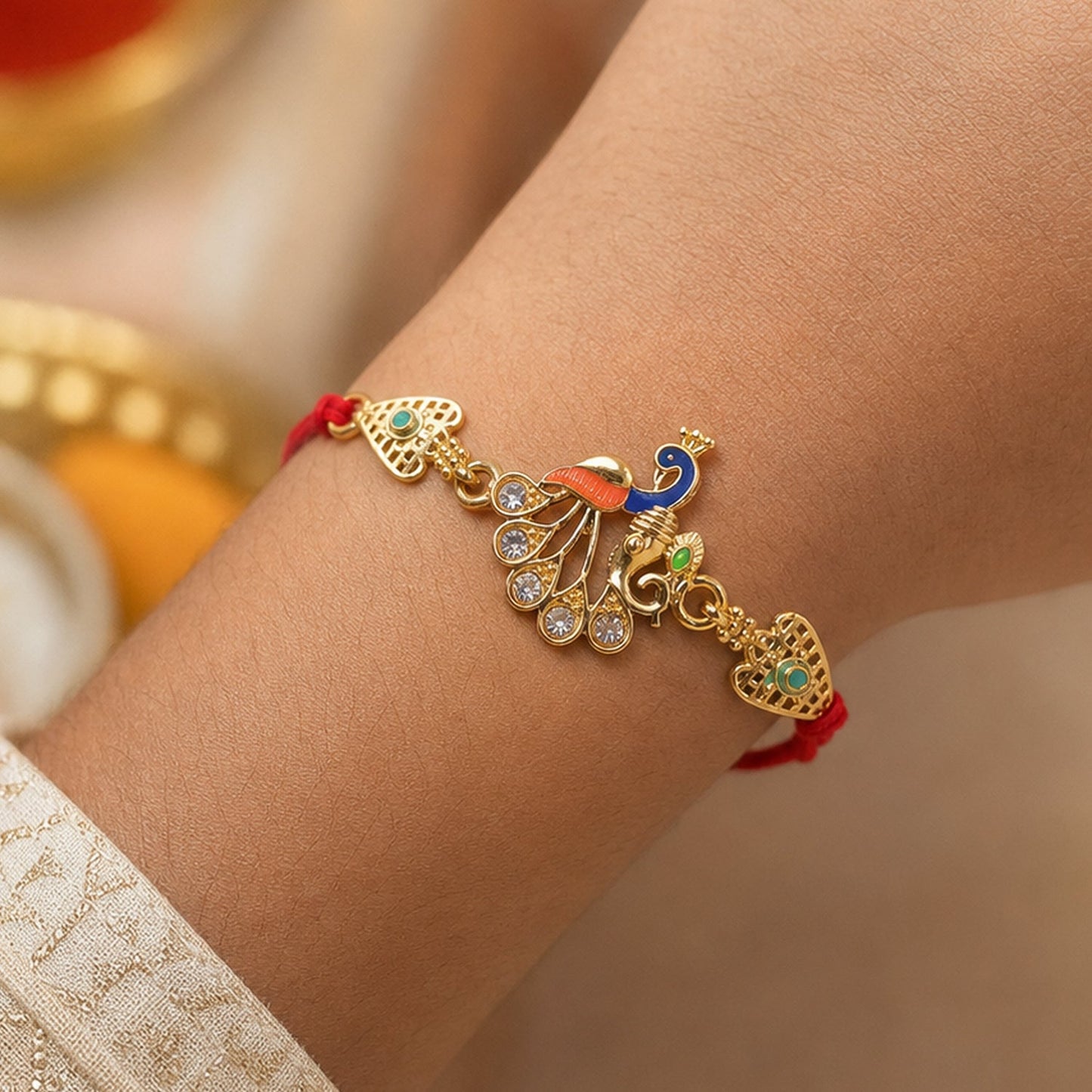 Peacock Kundan Rakhi with Butterscotch Chocolates, Pack of 3
