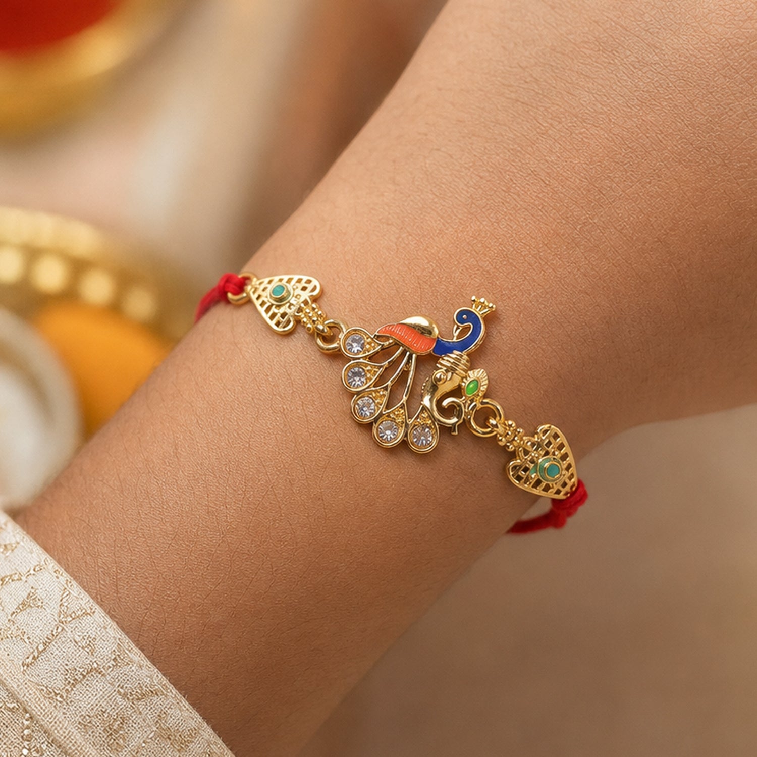 Peacock Kundan Rakhi with Butterscotch Chocolates, Pack of 3