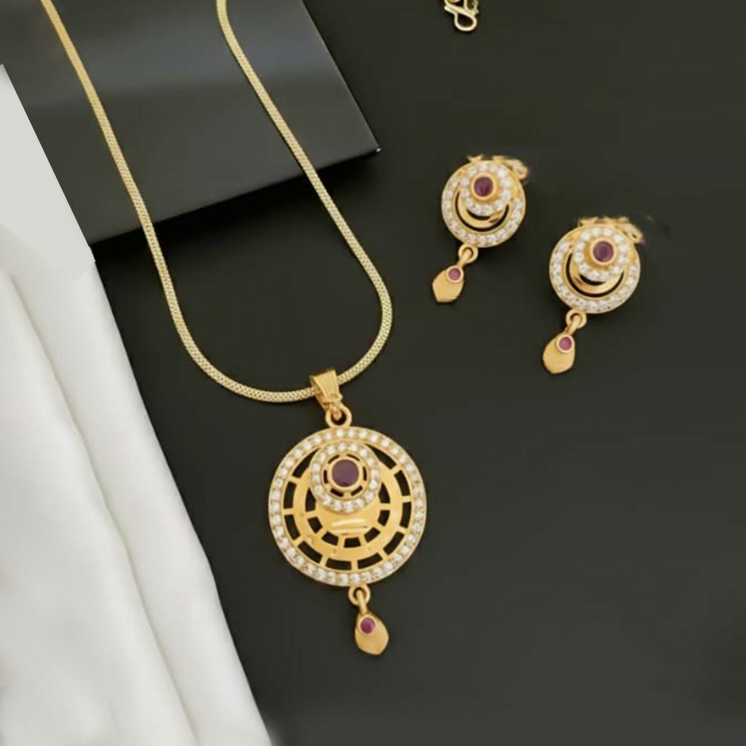 Gold-Tone Fashion Pendant Necklace Set with Ruby Accents and Matching Stud Earrings