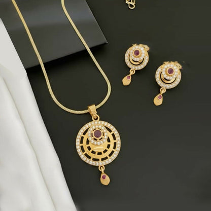 Gold-Tone Fashion Pendant Necklace Set with Ruby Accents and Matching Stud Earrings