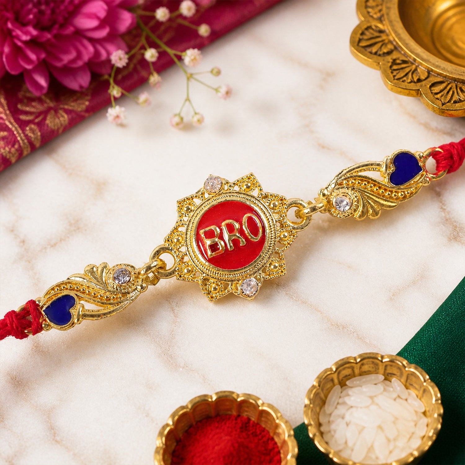 Designer Rakhi with BRO Text Plaque, clean frame and display look for Gift Styling
