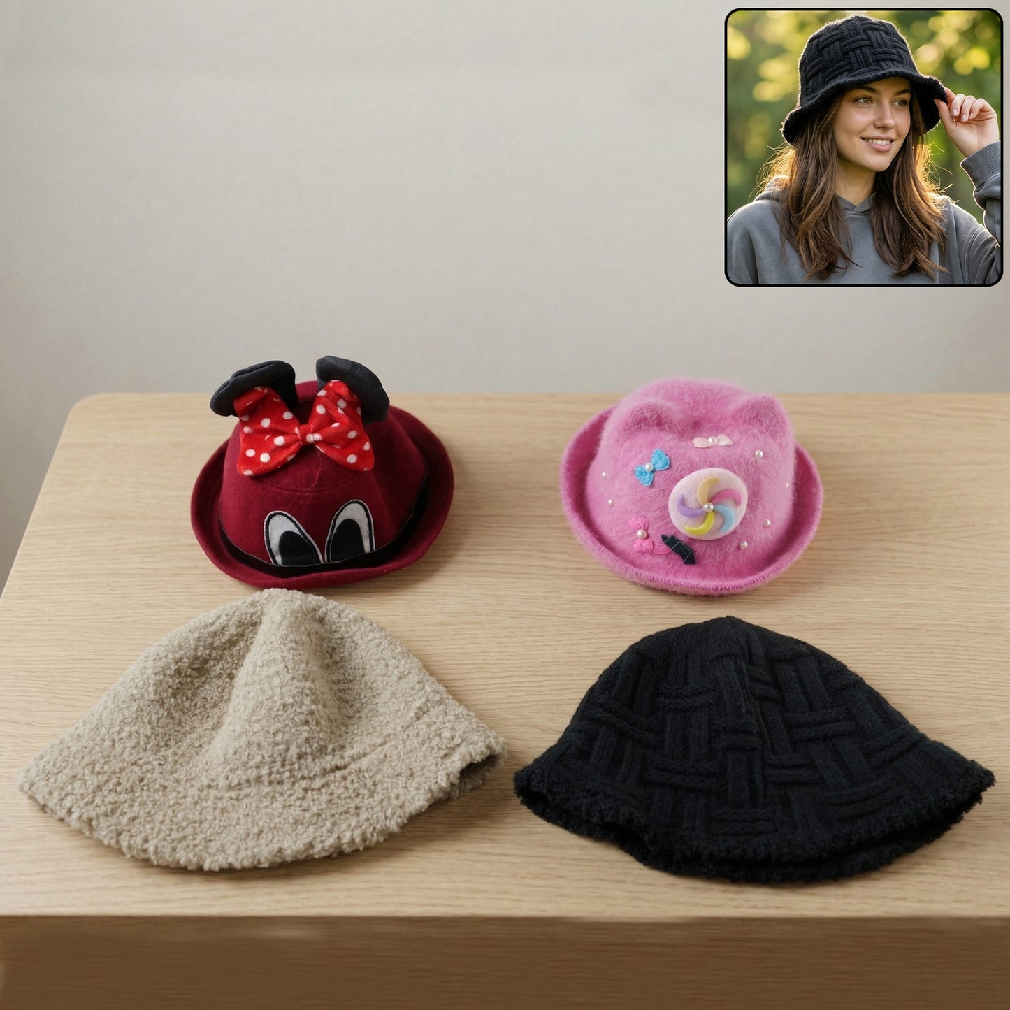 Bucket cap styled for winter wear