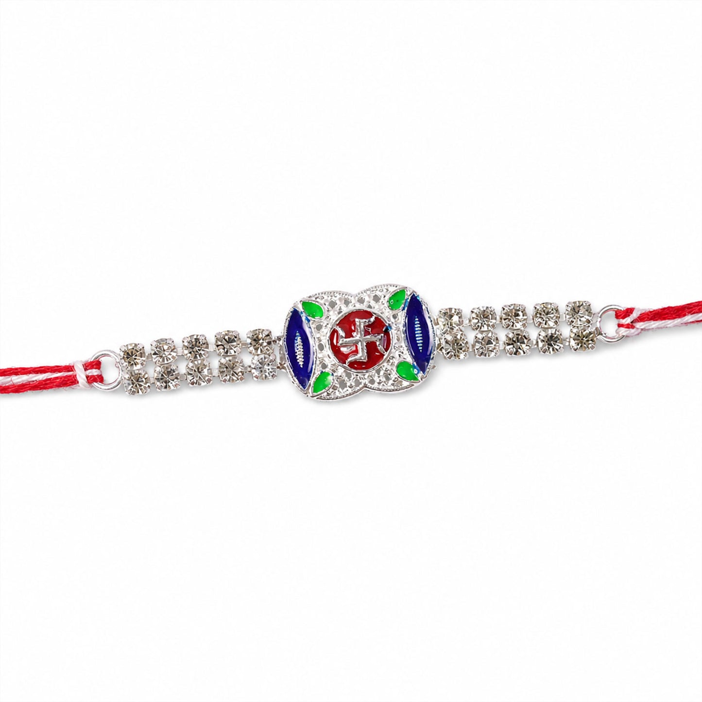 Premium Rakhi showcasing Swastik Charm, gold trims and chain look for Product Display