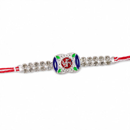 Premium Rakhi showcasing Swastik Charm, gold trims and chain look for Product Display