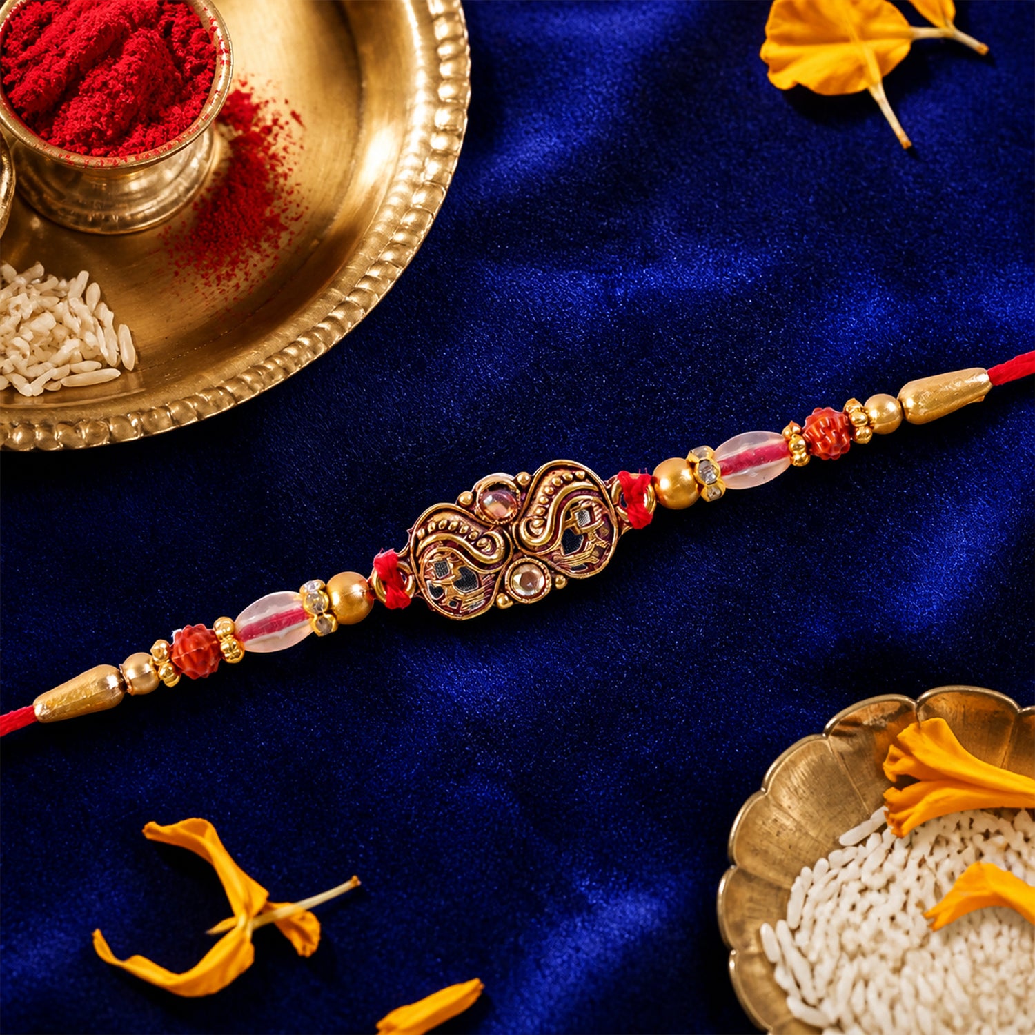 Oxidized Gold Paisley Medallion Rakhi with Rudraksha and Pearl Beads