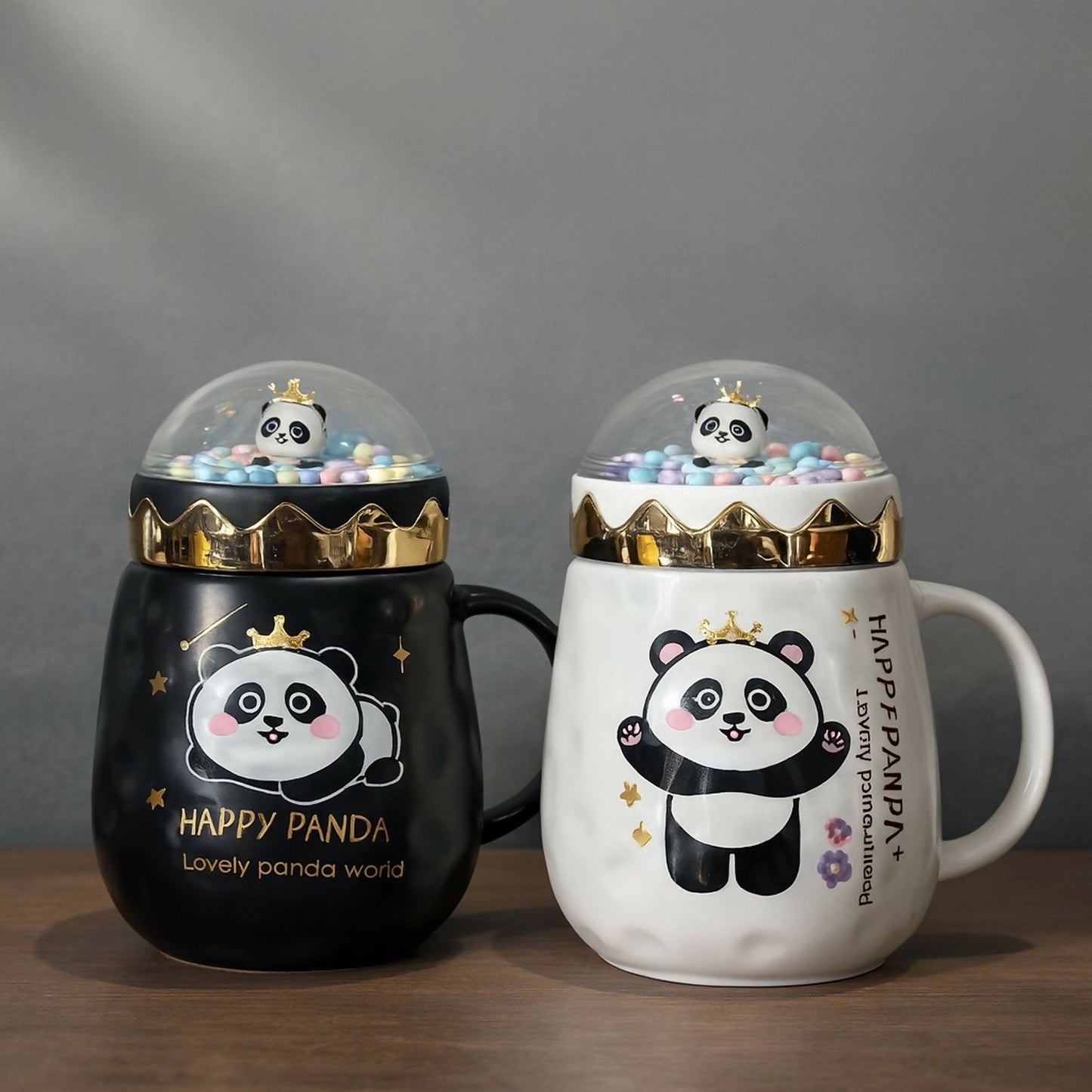Happy Panda Ceramic Mug with Dome Lid & Golden Crown | Cute Gift for Kids & Girls