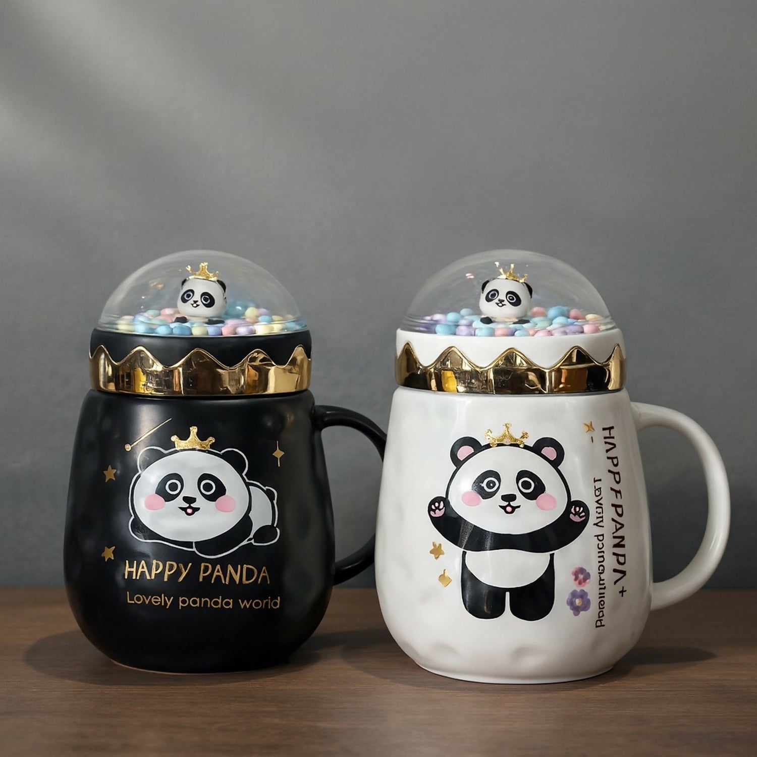Happy Panda Ceramic Mug with Dome Lid & Golden Crown | Cute Gift for Kids & Girls